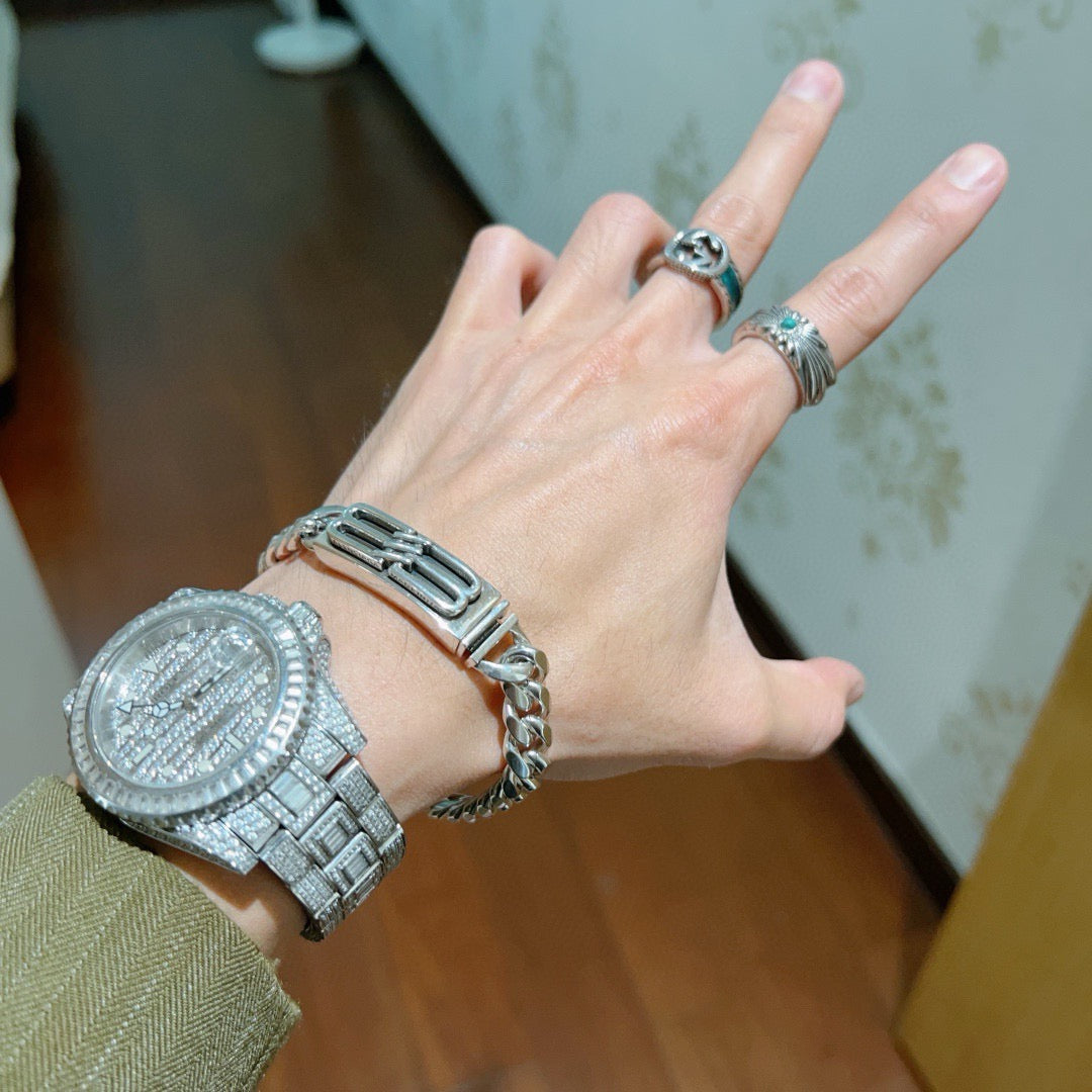 Geometric Emblem Bracelet in Polished Metal-Tone – Design 019 styled product view