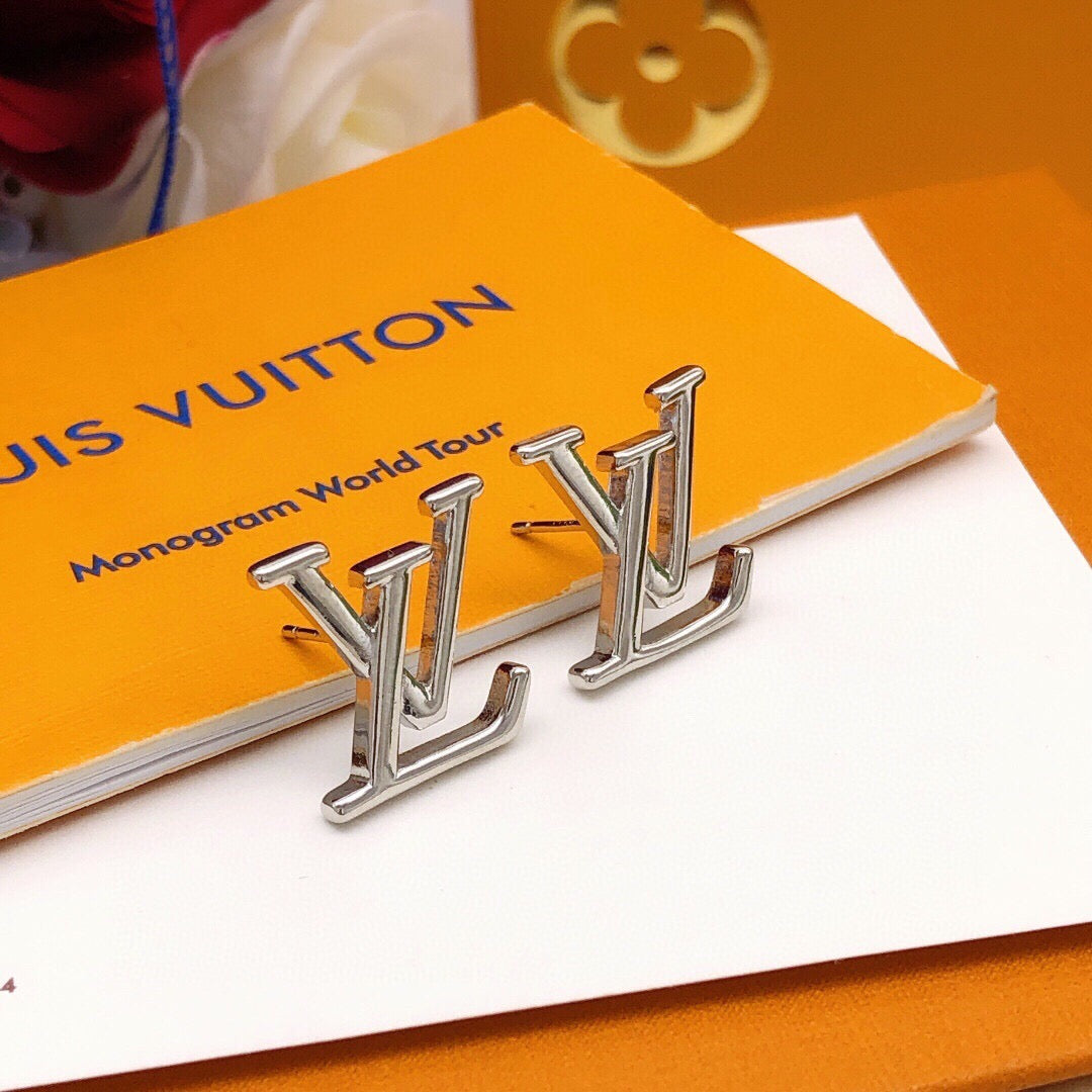 Letter Emblem Stud Earrings in Silver-Tone – Silver Detail – Design 003 main product view