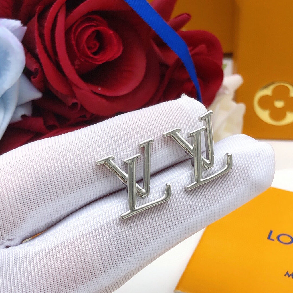 Letter Emblem Stud Earrings in Silver-Tone – Silver Detail – Design 003 detail view