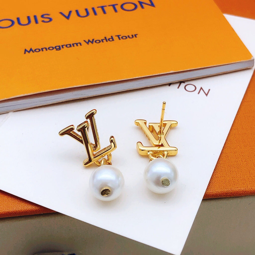 Geometric Emblem Stud Earrings in Gold-Tone – Pearl Detail front product view