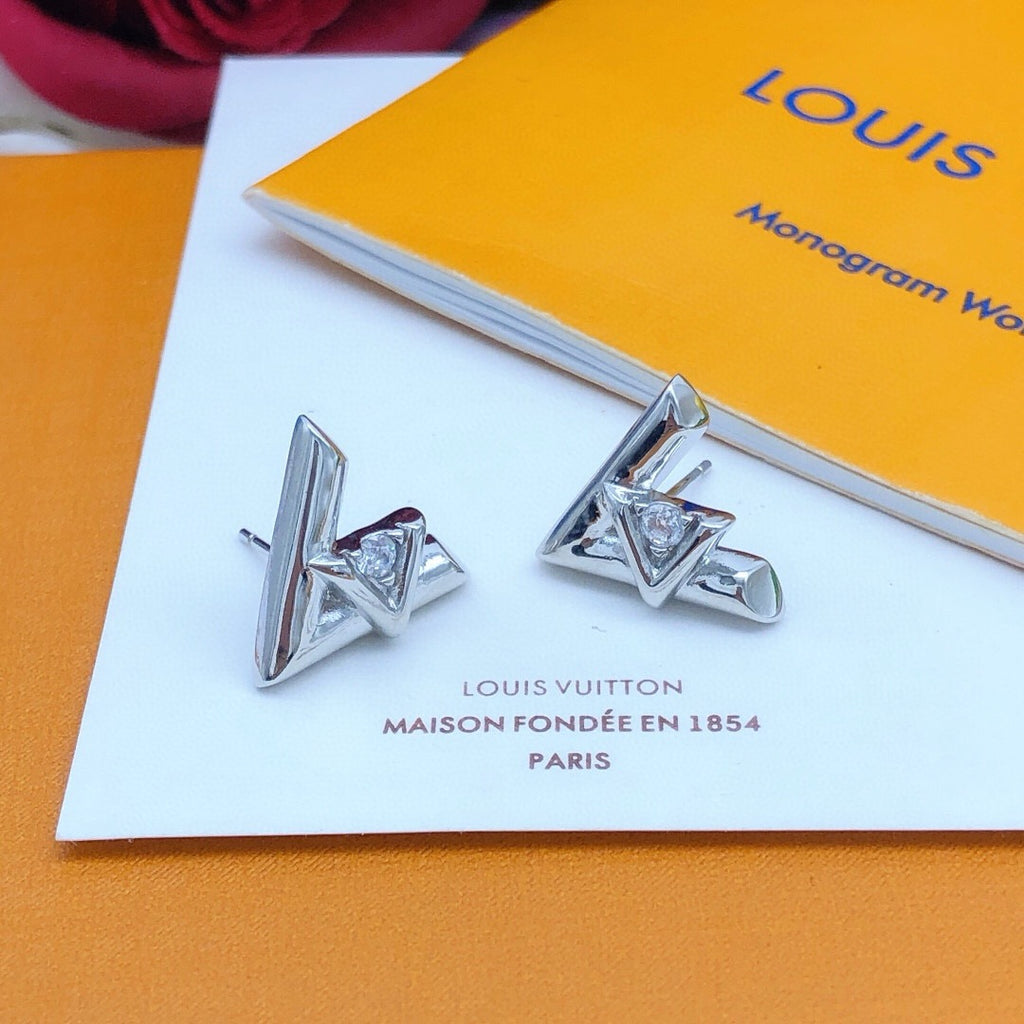 Geometric Emblem Stud Earrings in Silver-Tone – Silver Detail – Design 004 front product view