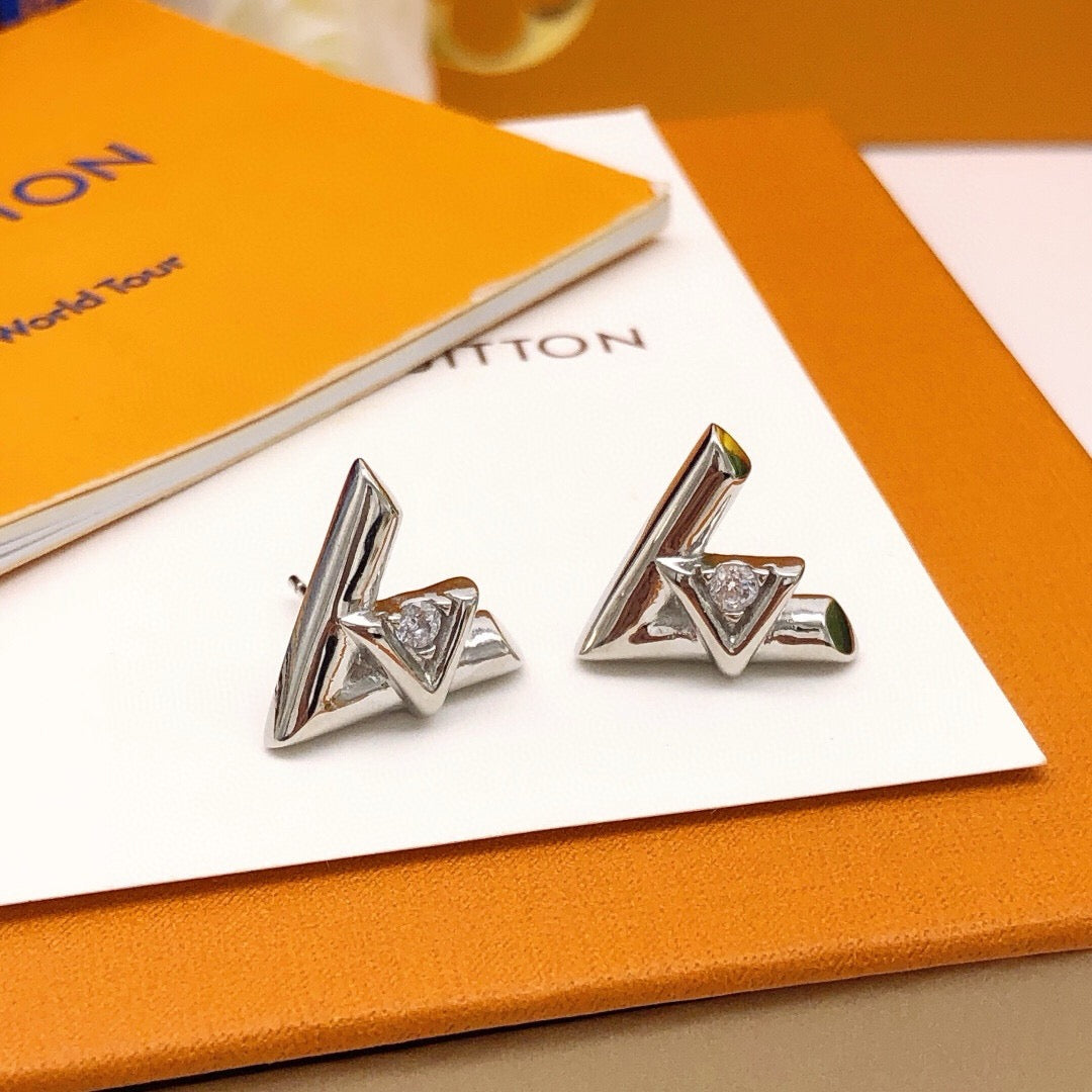 Geometric Emblem Stud Earrings in Silver-Tone – Silver Detail – Design 006 main product view