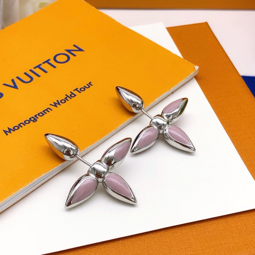 Geometric Emblem Stud Earrings in Gold-Tone – Pink Detail – Design 002 side detail