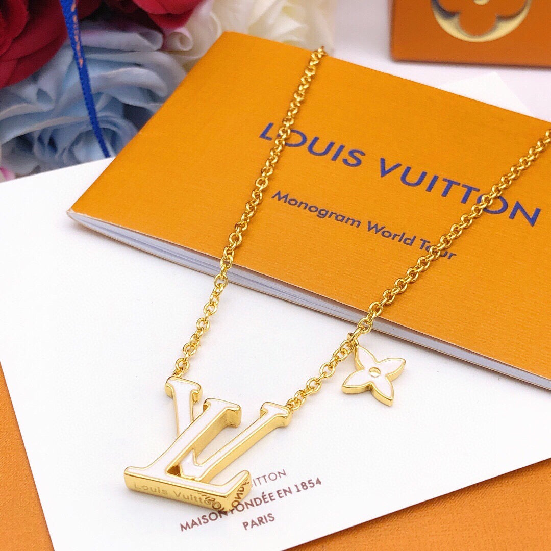 Geometric Emblem Pendant Necklace in Gold-Tone – White Detail – Design 002 front product view