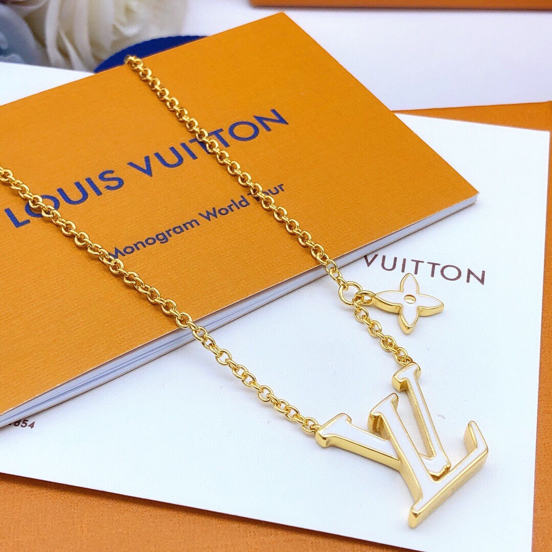 Geometric Emblem Pendant Necklace in Gold-Tone – White Detail – Design 003 main product view