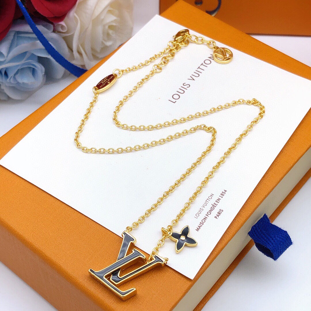 Geometric Emblem Pendant Necklace in Gold-Tone – Black Detail – Design 002 side detail