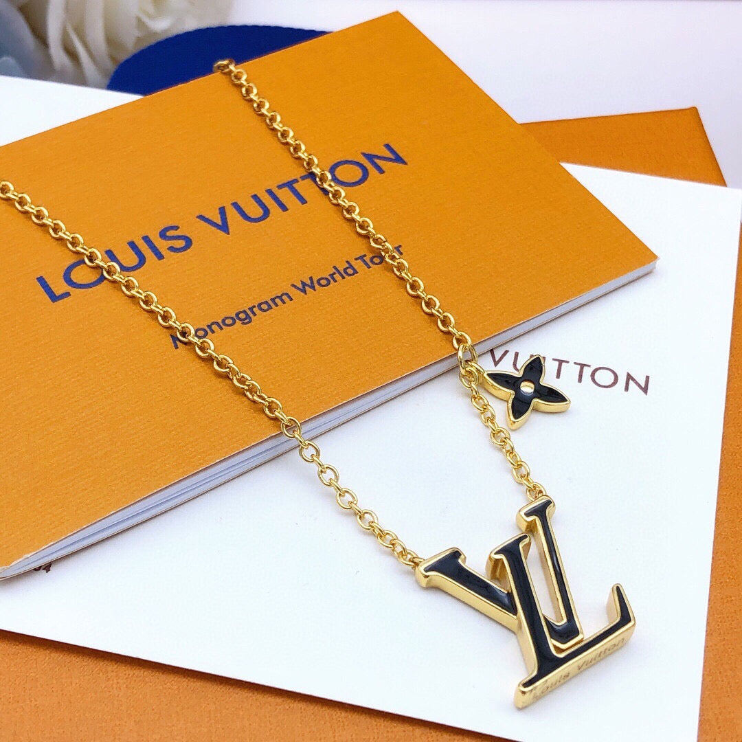 Geometric Emblem Pendant Necklace in Gold-Tone – Black Detail main product view