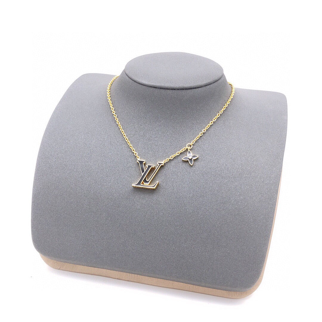 Geometric Emblem Pendant Necklace in Gold-Tone – Black Detail – Design 002 front product view