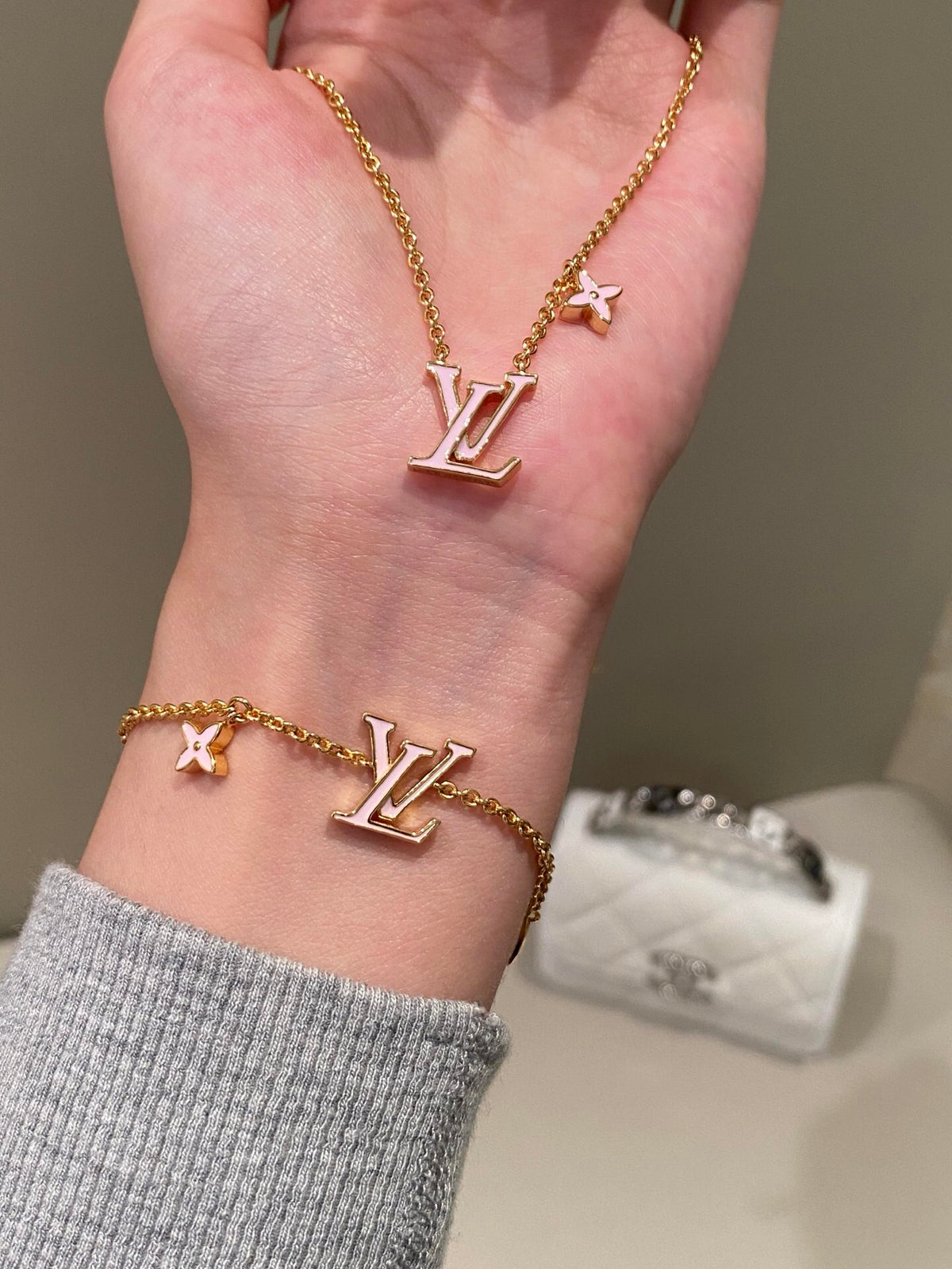 Geometric Emblem Pendant Necklace in Gold-Tone – Pink Detail – Design 002 detail view