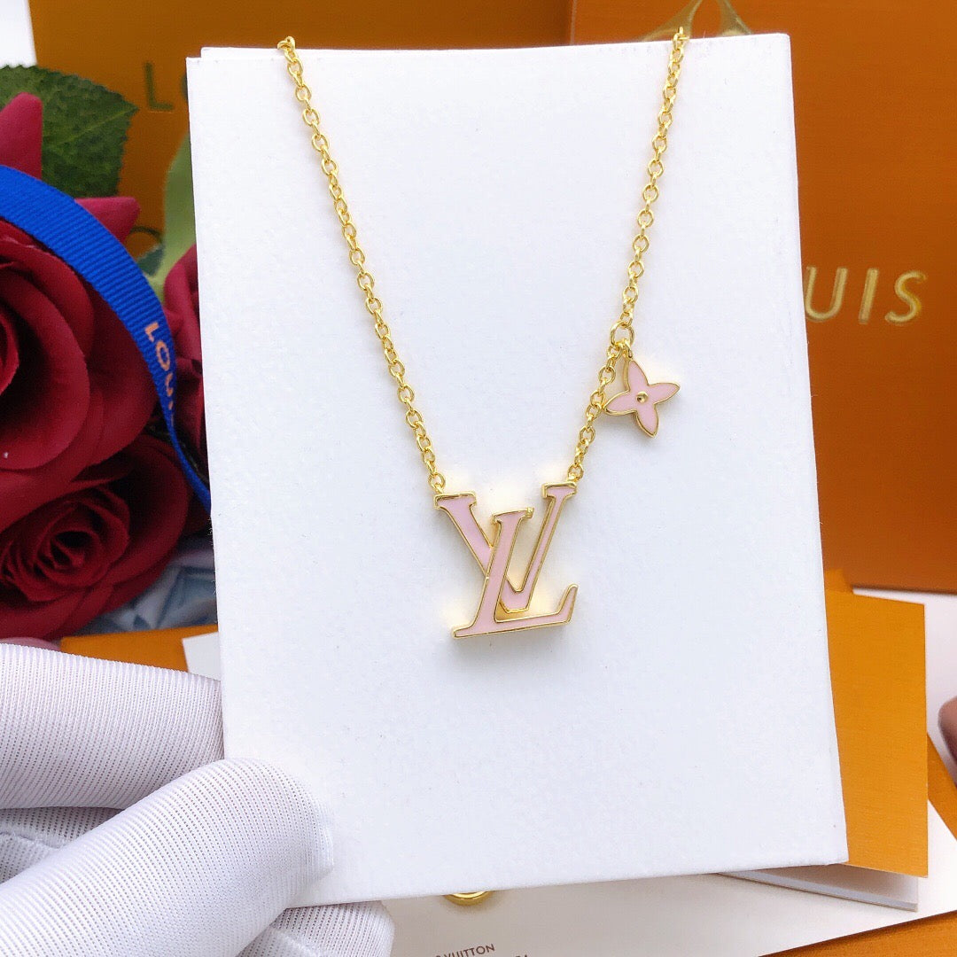Geometric Emblem Pendant Necklace in Gold-Tone – Pink Detail – Design 002 styled product view