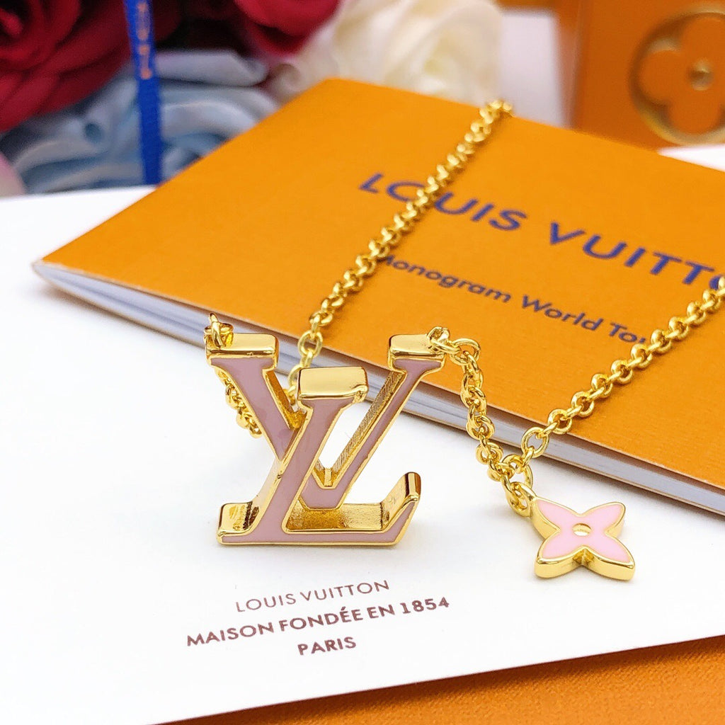 Geometric Emblem Pendant Necklace in Gold-Tone – Pink Detail side detail
