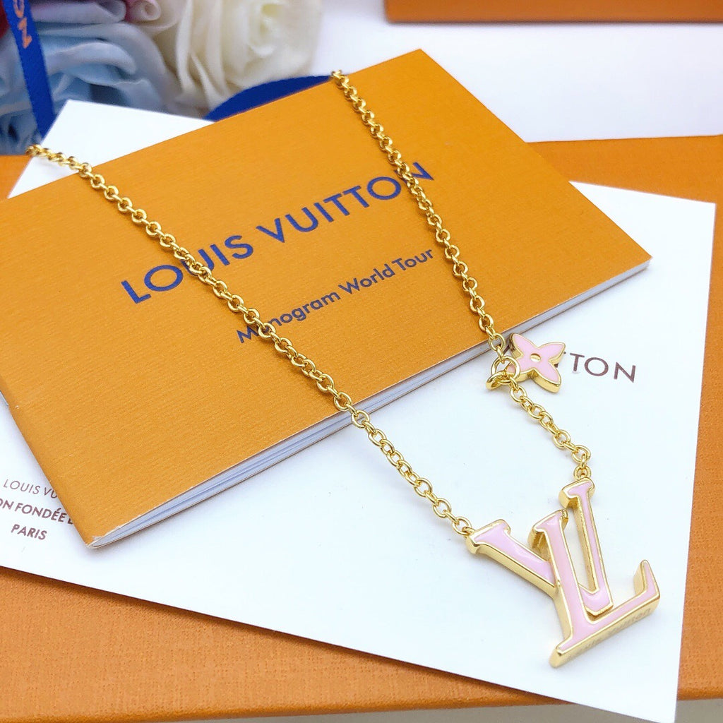 Geometric Emblem Pendant Necklace in Gold-Tone – Pink Detail – Design 002 main product view