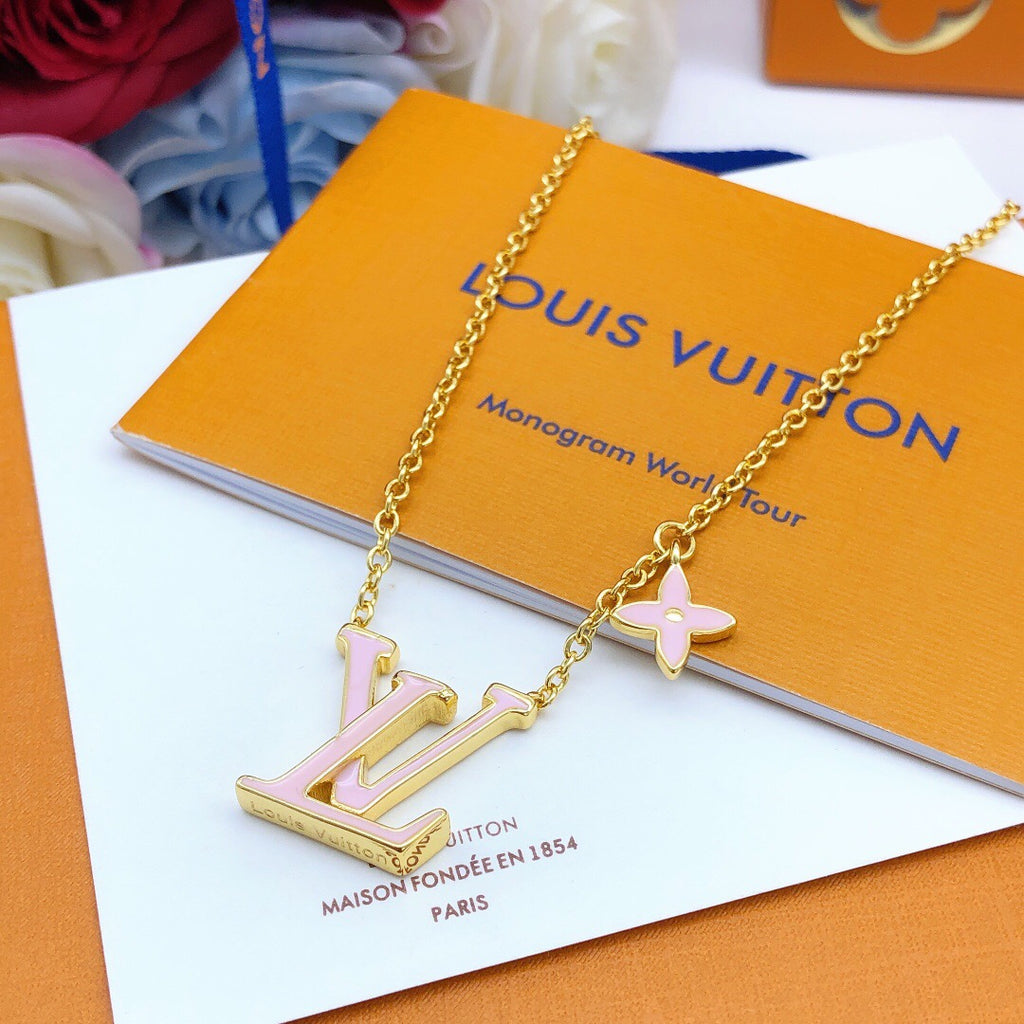 Geometric Emblem Pendant Necklace in Gold-Tone – Pink Detail – Design 002 front product view