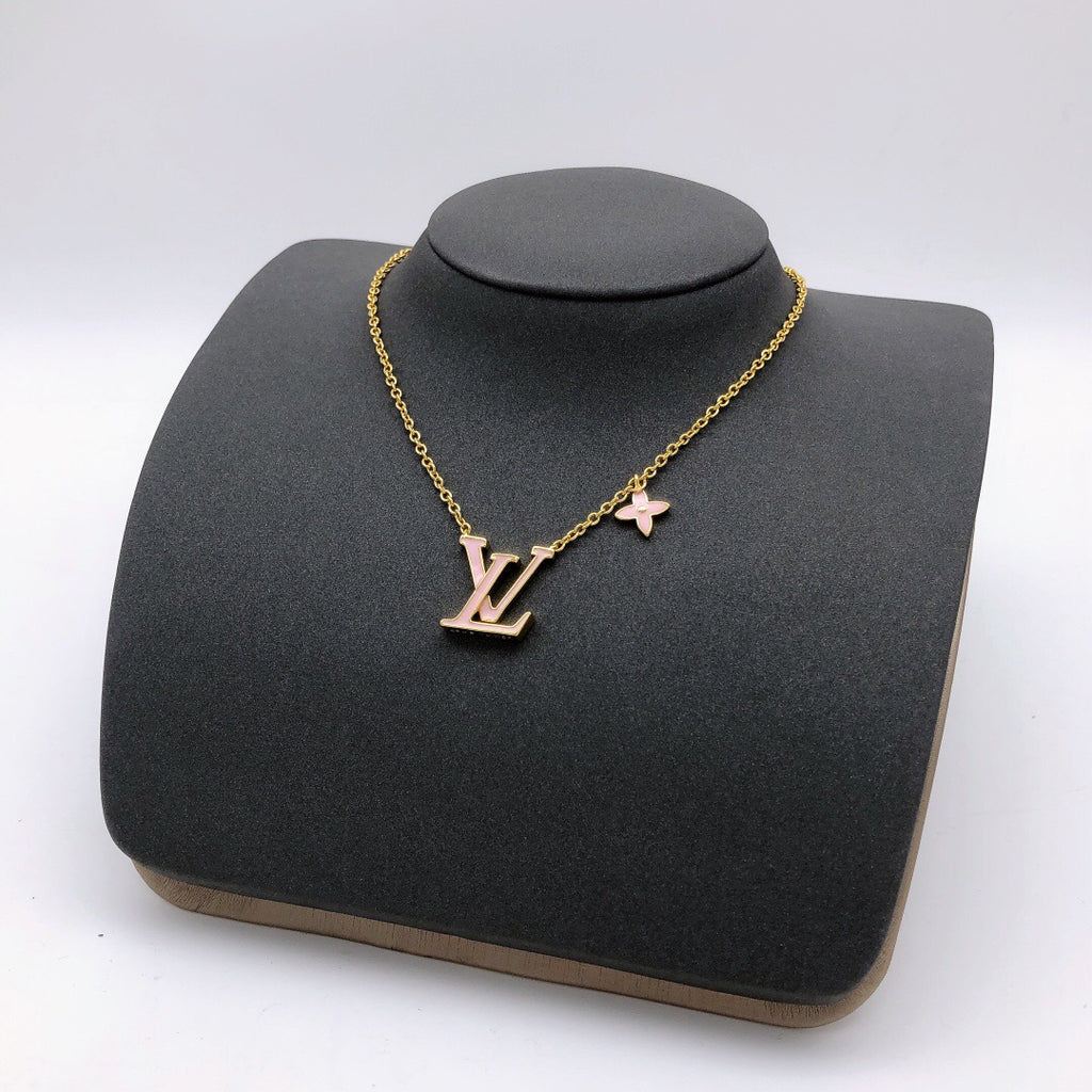Geometric Emblem Pendant Necklace in Gold-Tone – Pink Detail front product view