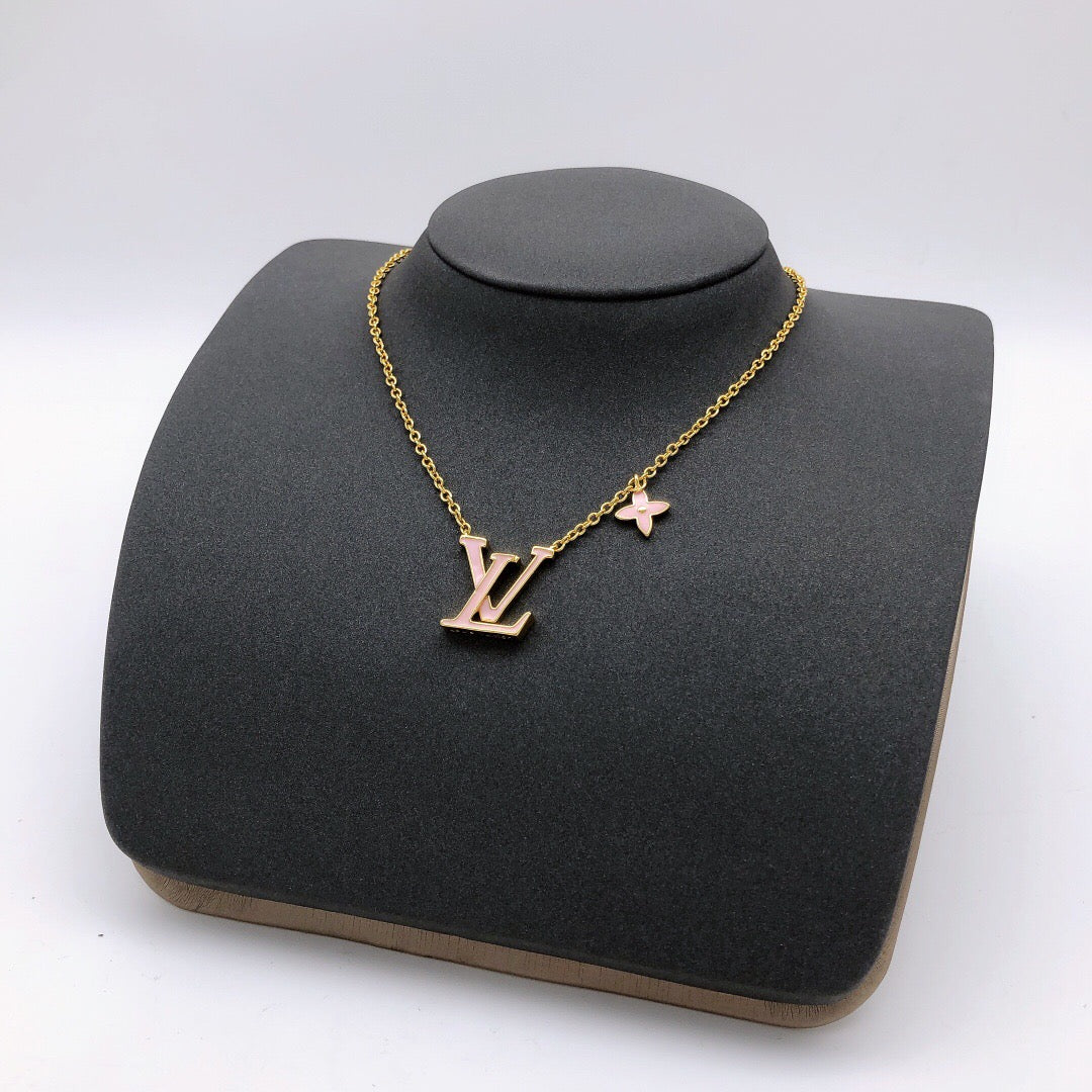 Geometric Emblem Pendant Necklace in Gold-Tone – Pink Detail – Design 002 front product view