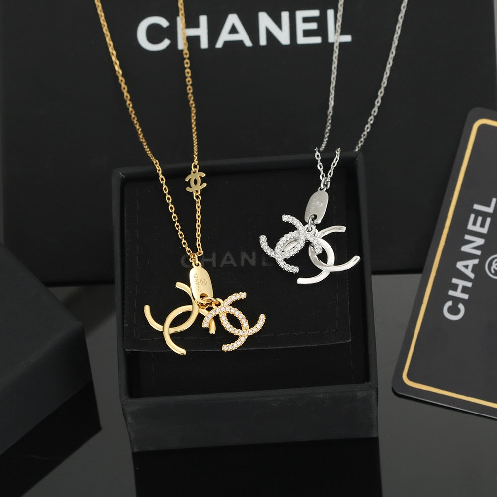Double-C Emblem Pendant Necklace in Polished Metal-Tone – Design 002 side detail