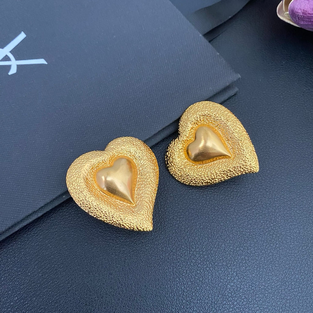 Saint Laurent Heart Statement Earrings in Polished Metal-Tone detail view