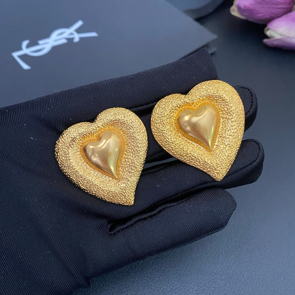 Saint Laurent Heart Statement Earrings in Polished Metal-Tone front product view