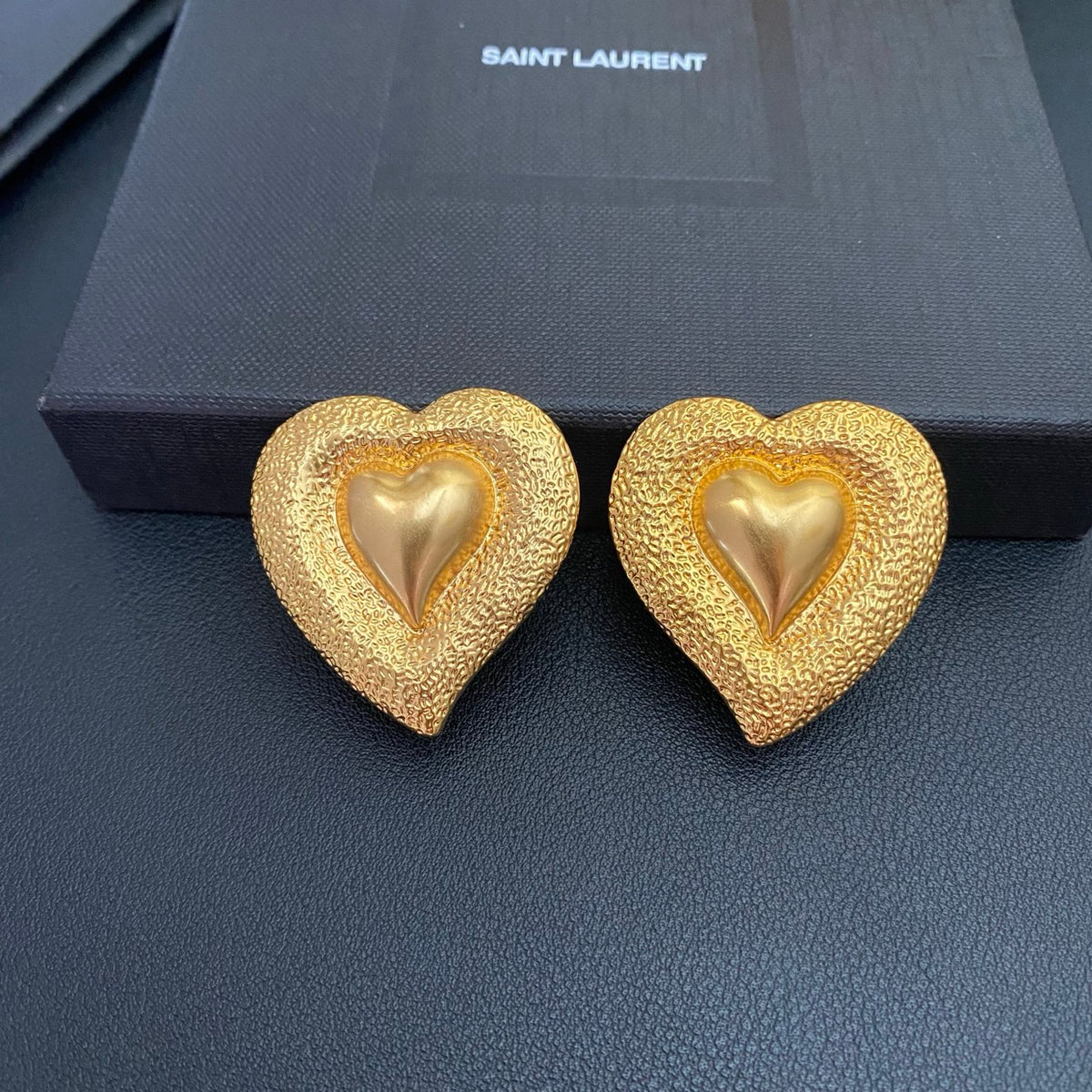 Saint Laurent Heart Statement Earrings in Polished Metal-Tone side detail