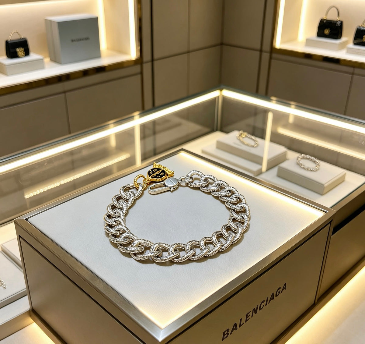 Geometric Emblem Bracelet in Polished Metal-Tone – Design 010 front product view