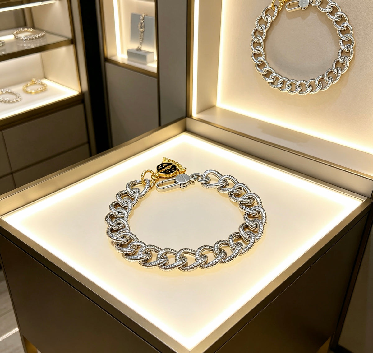Geometric Emblem Bracelet in Polished Metal-Tone – Design 010 detail view