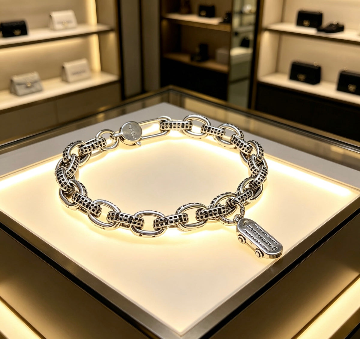 Geometric Emblem Bracelet in Polished Metal-Tone – Design 017 detail view