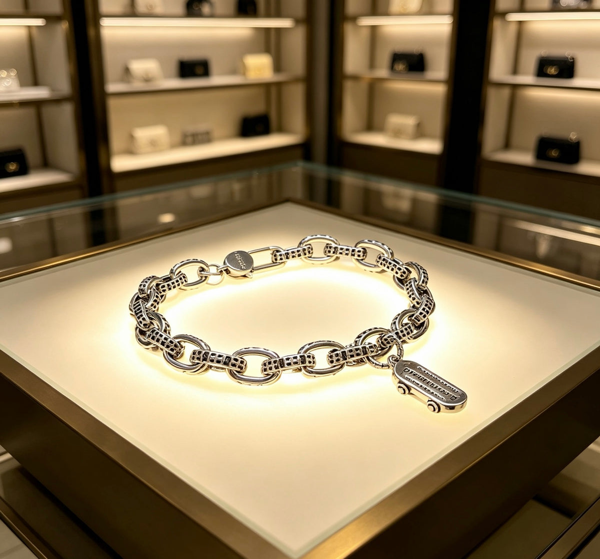 Geometric Emblem Bracelet in Polished Metal-Tone – Design 017 side detail