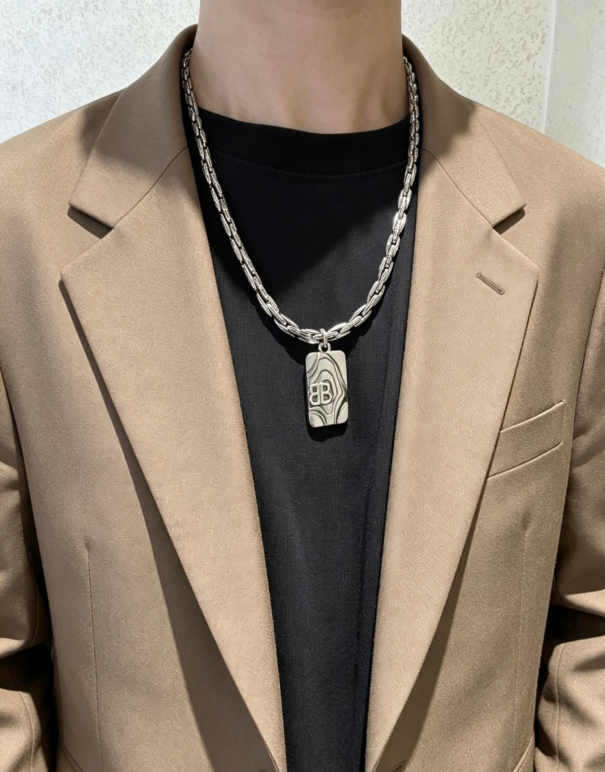 Geometric Emblem Pendant Necklace in Polished Metal-Tone – Vintage Detail – Design 010 close-up detail