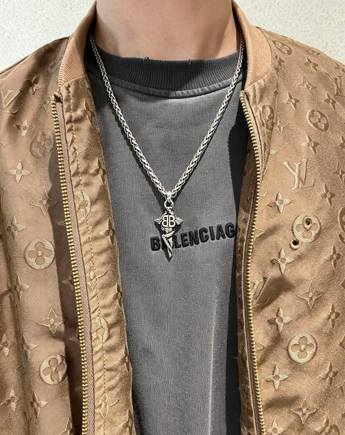 Geometric Emblem Pendant Necklace in Polished Metal-Tone – Vintage Detail – Design 023 styled product view