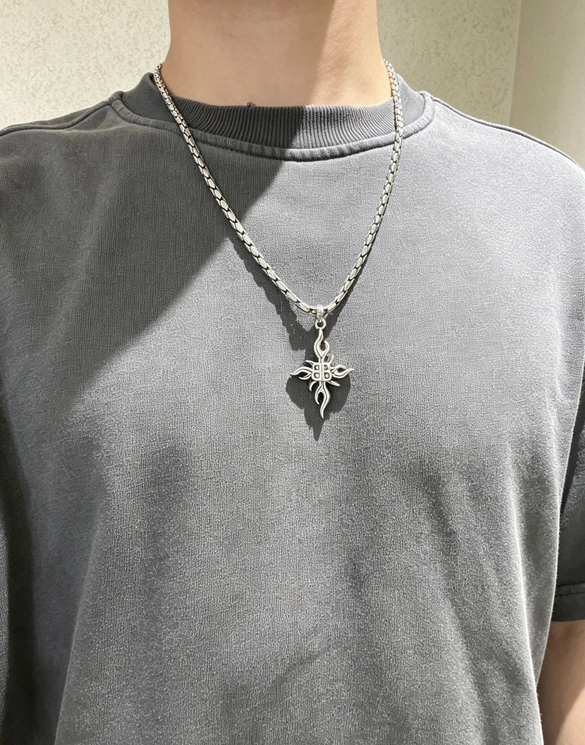 Geometric Emblem Pendant Necklace in Polished Metal-Tone – Vintage Detail – Design 008 front product view