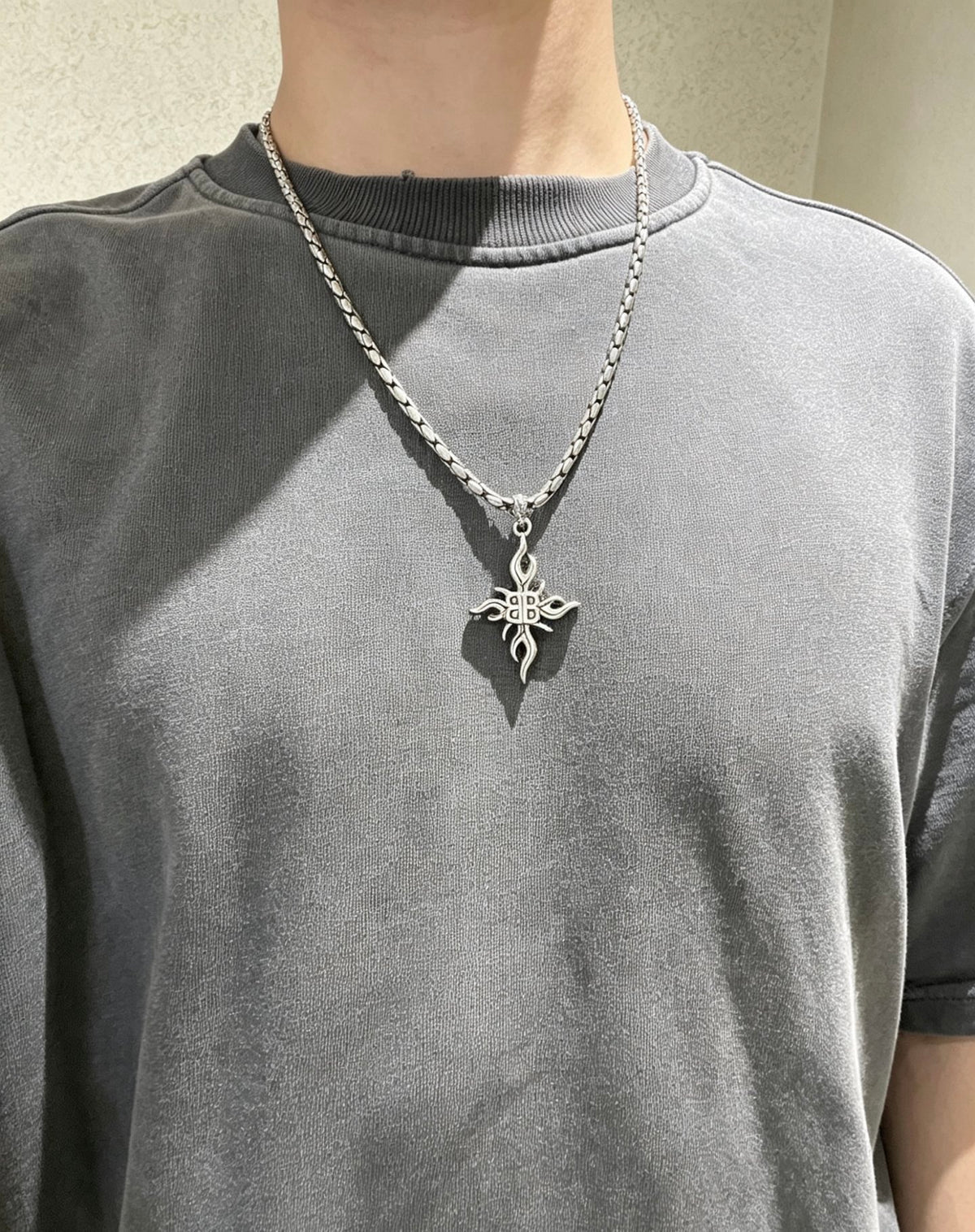 Geometric Emblem Pendant Necklace in Polished Metal-Tone – Vintage Detail – Design 022 detail view