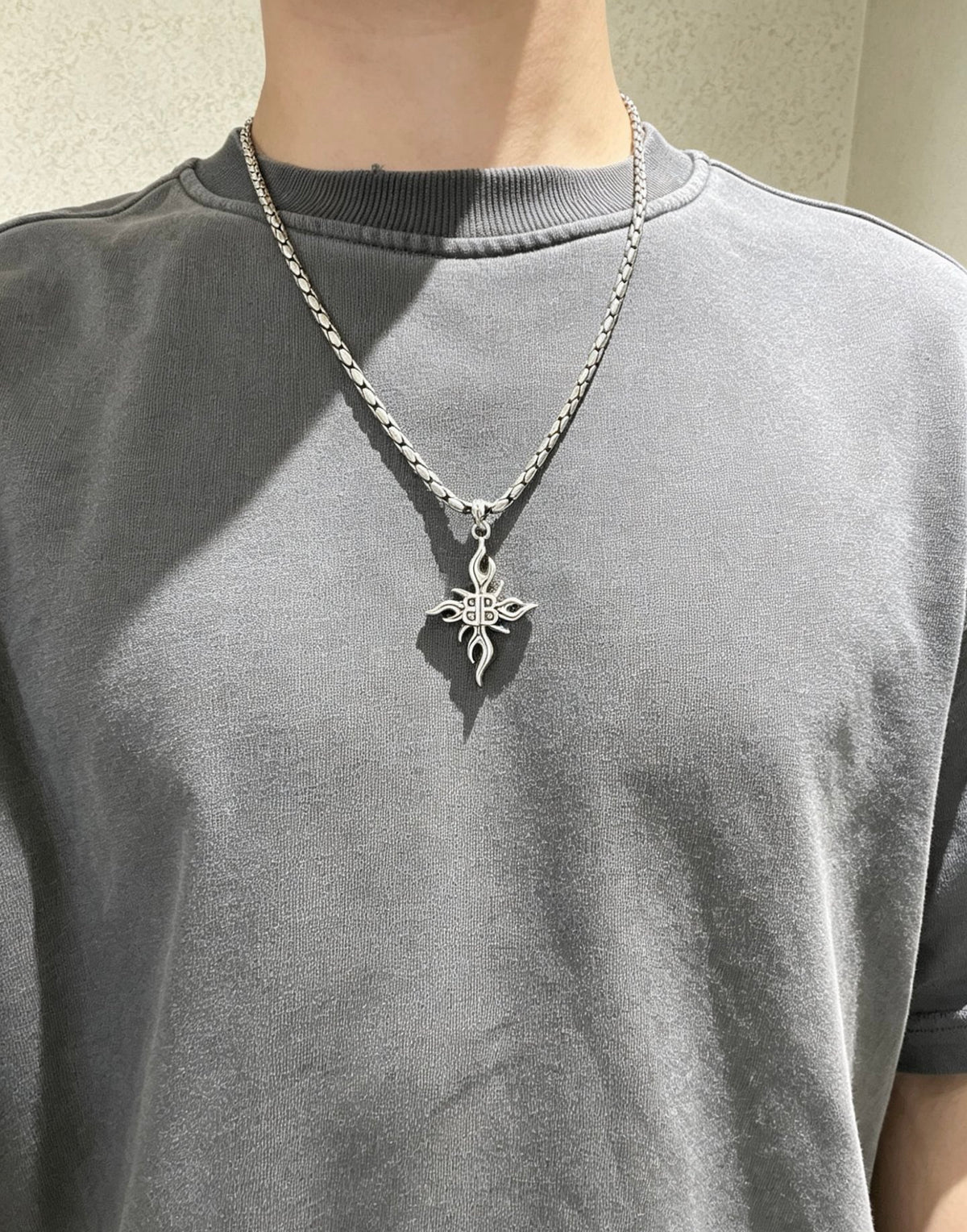 Geometric Emblem Pendant Necklace in Polished Metal-Tone – Vintage Detail – Design 022 styled product view