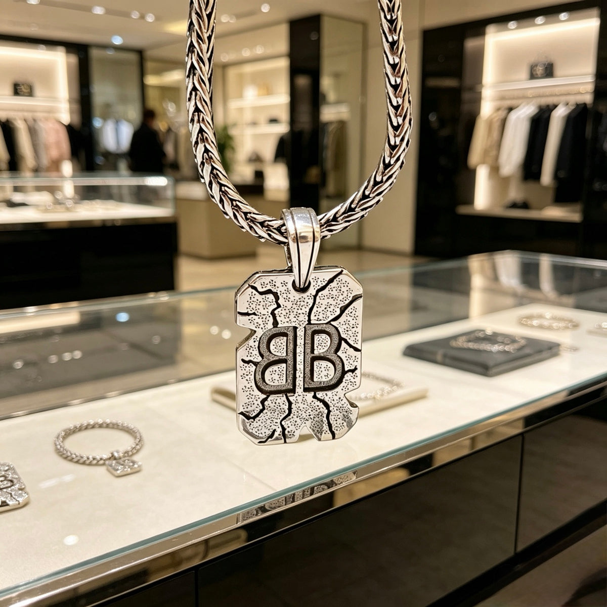 Geometric Emblem Pendant Necklace in Polished Metal-Tone – Vintage Detail – Design 018 close-up detail