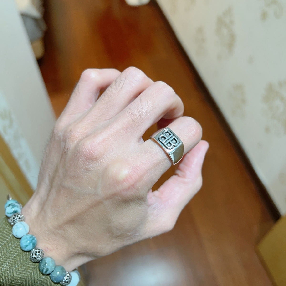 Geometric Emblem Statement Ring in Polished Metal-Tone – Design 004 styled product view