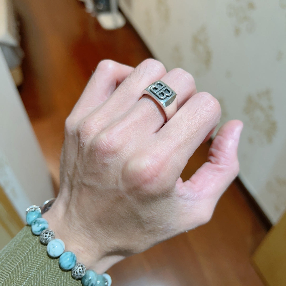 Geometric Emblem Statement Ring in Polished Metal-Tone – Design 004 detail view