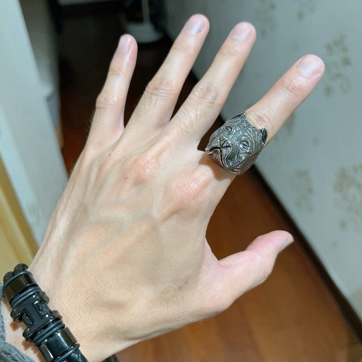 Geometric Emblem Statement Ring in Polished Metal-Tone – Vintage Detail detail view