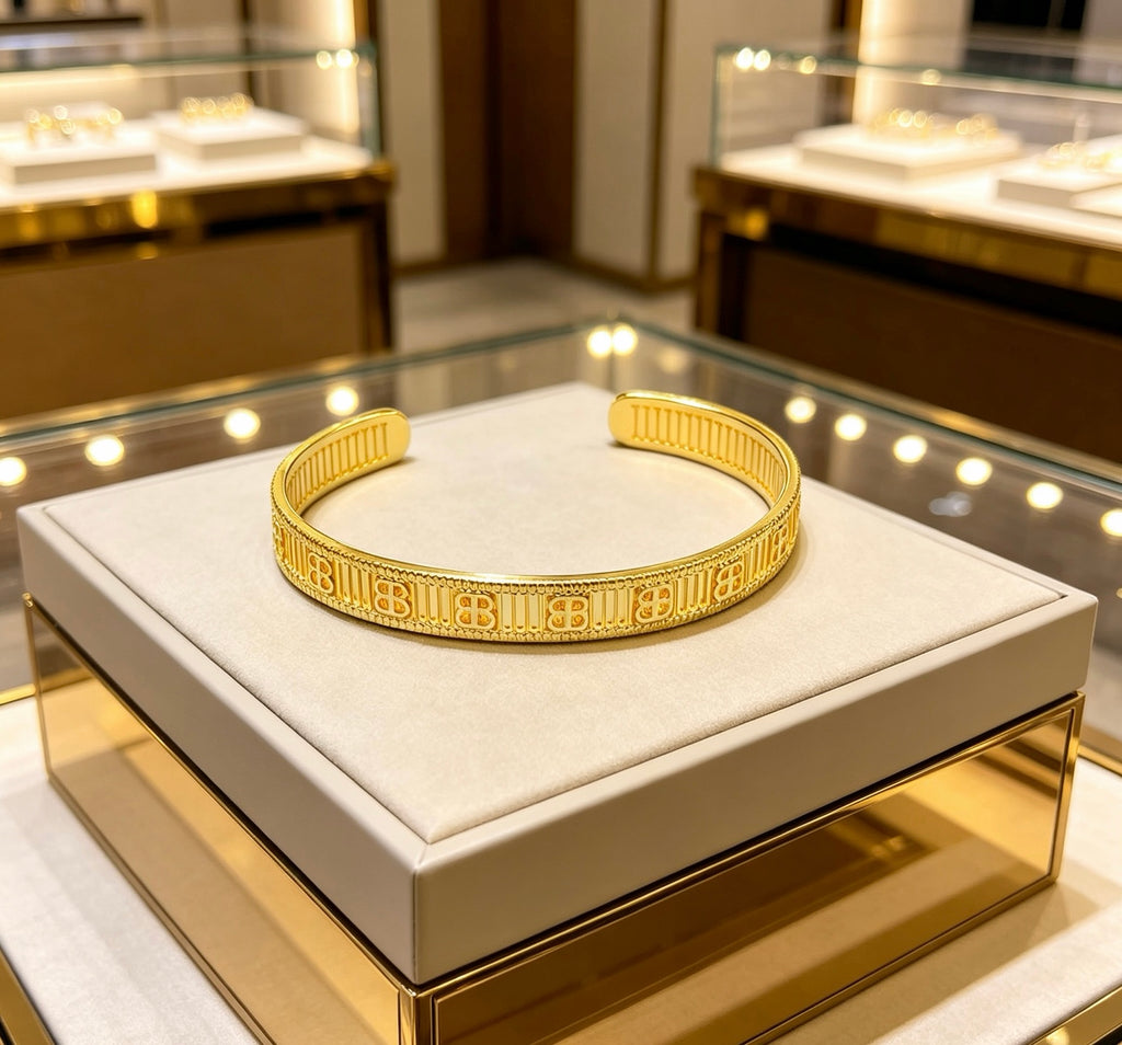 Geometric Emblem Bangle in Polished Metal-Tone – Design 001 detail view