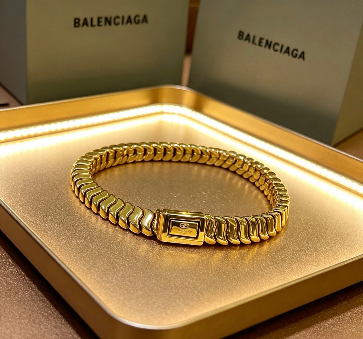 Geometric Emblem Bracelet in Polished Metal-Tone – Design 013 side detail