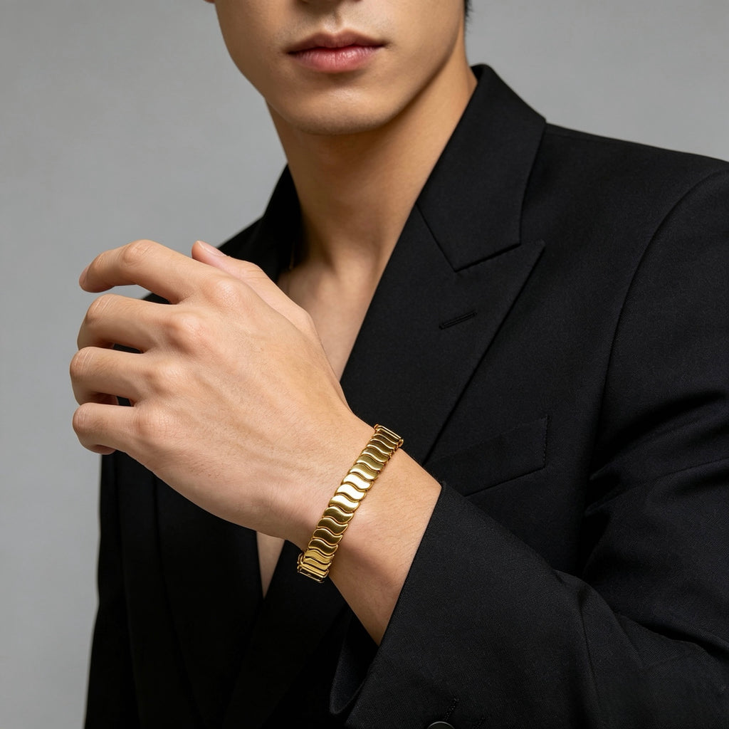 Geometric Emblem Bracelet in Polished Metal-Tone – Design 013 close-up detail