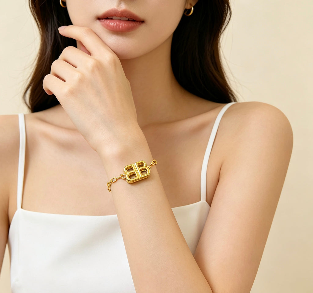 Geometric Emblem Bracelet in Polished Metal-Tone – Design 003 detail view