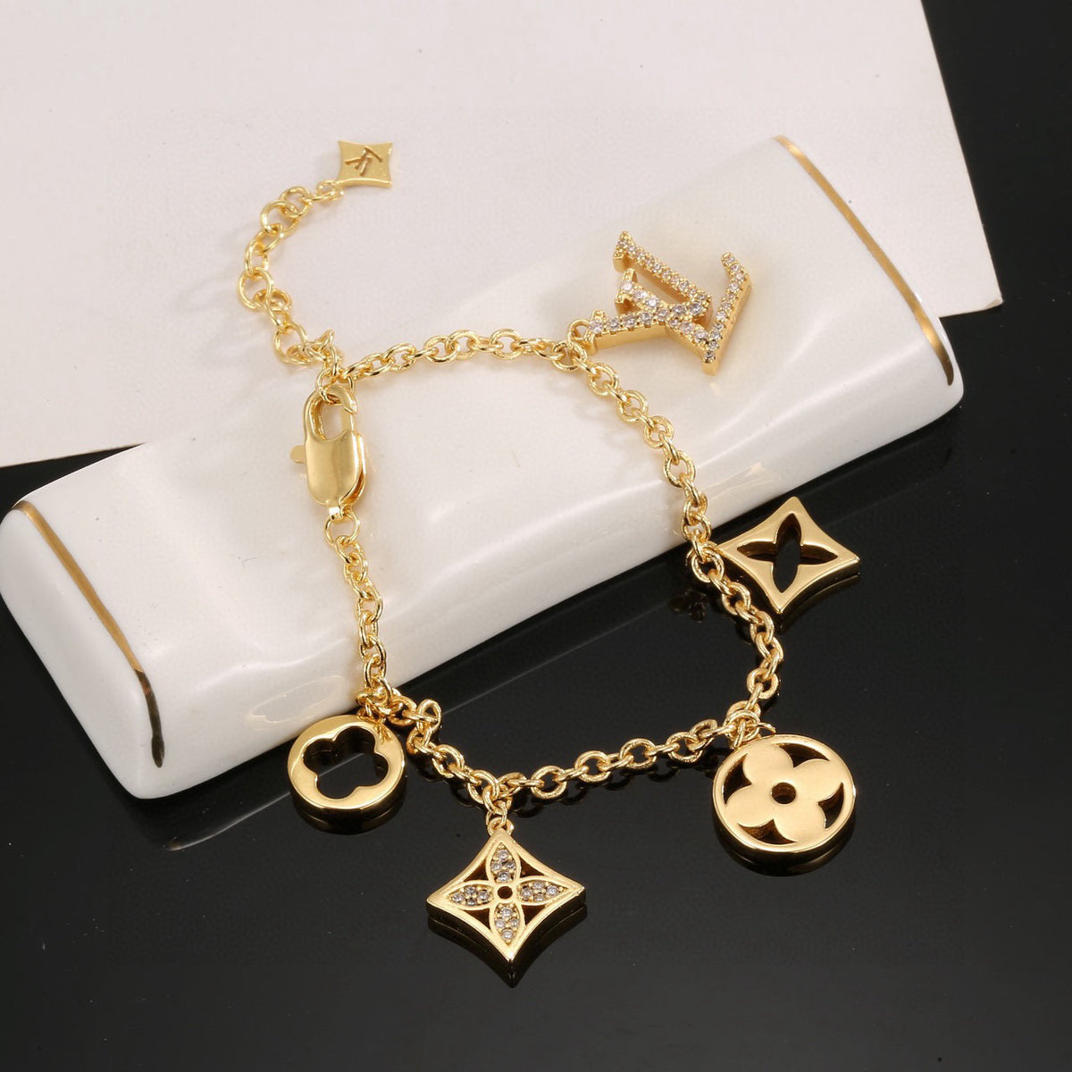 Letter Emblem Bracelet in Polished Metal-Tone – Design 002 detail view