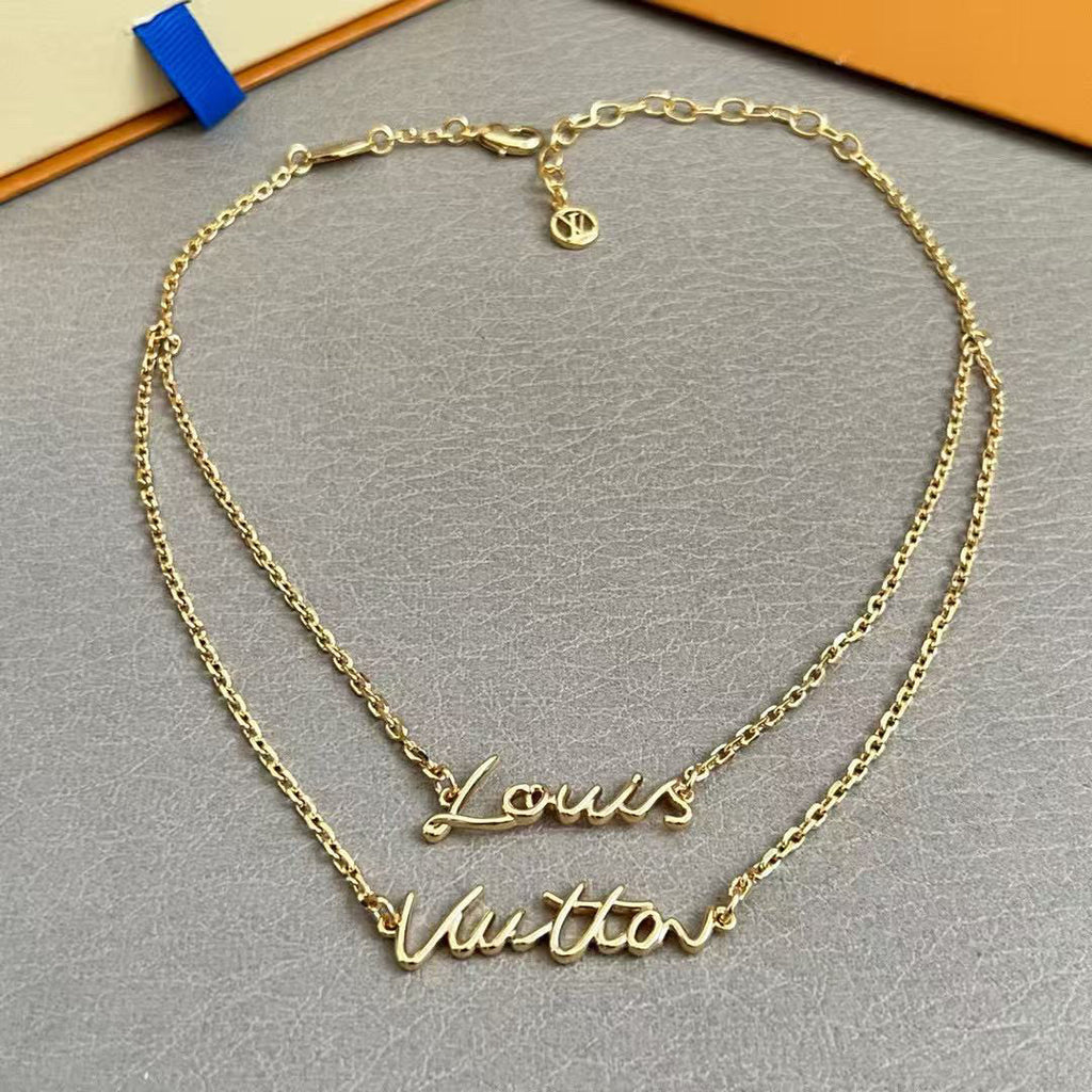 Letter Emblem Pendant Necklace in Polished Metal-Tone – Design 008 front product view