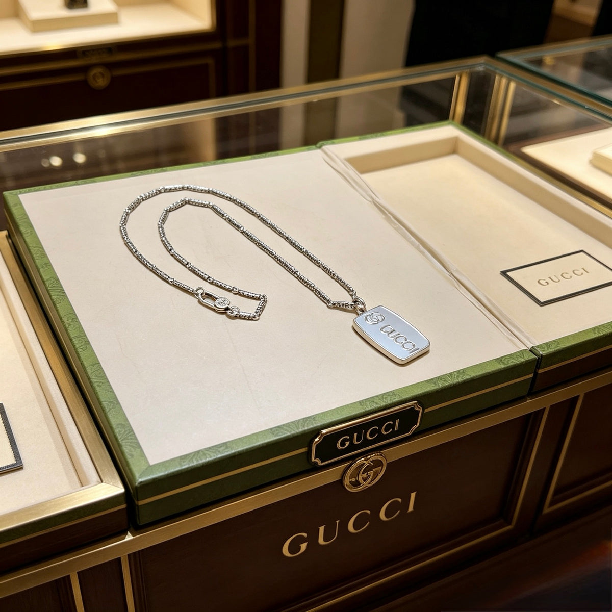 Double-G Emblem Pendant Necklace in Polished Metal-Tone – Design 001 styled product view