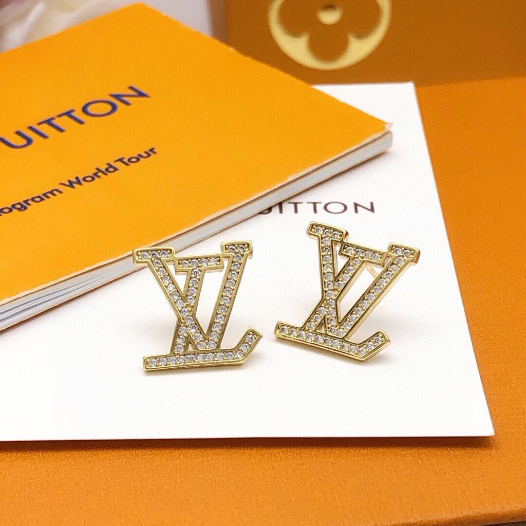 Letter Emblem Stud Earrings in Gold-Tone – Design 001 front product view