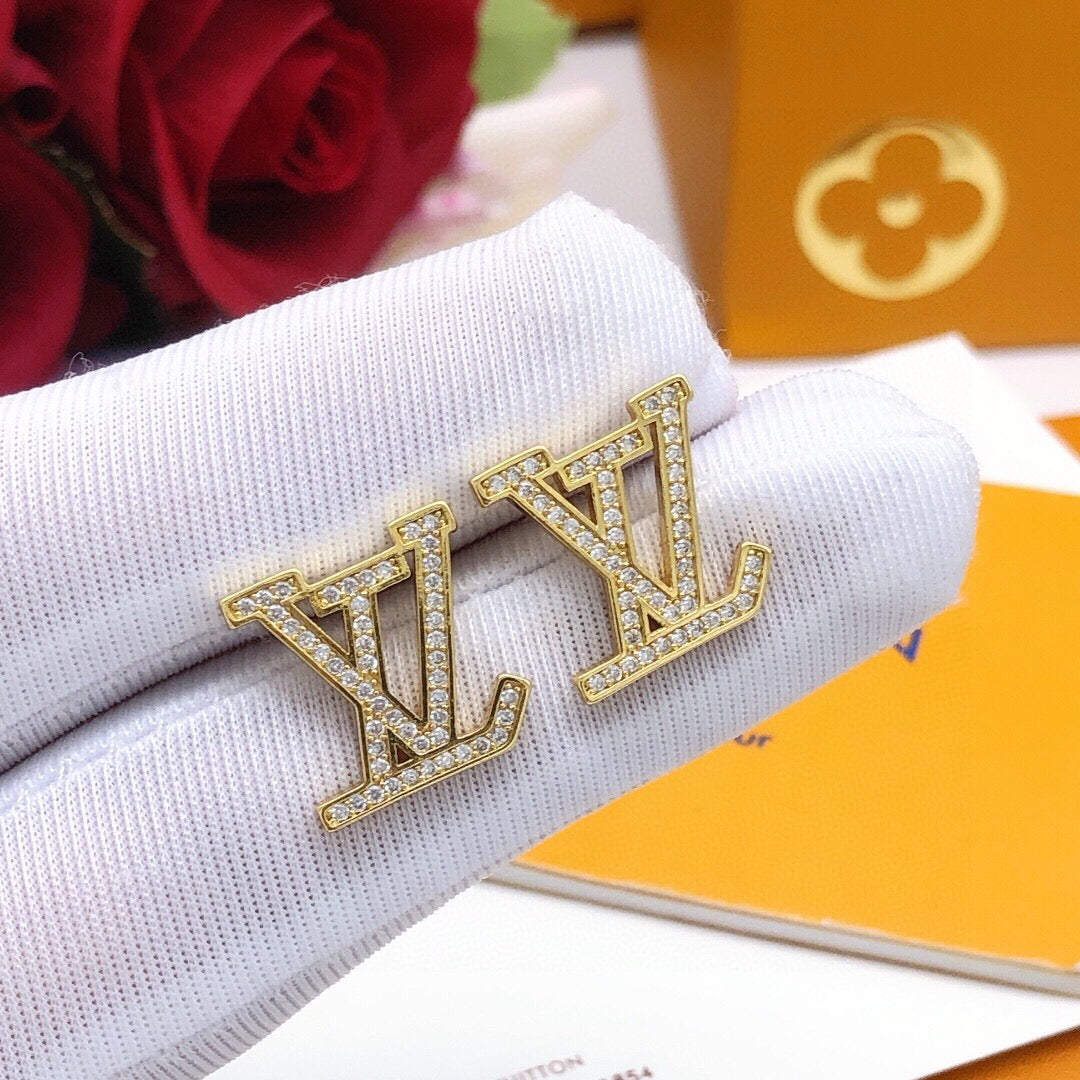 Letter Emblem Stud Earrings in Gold-Tone – Design 001 close-up detail