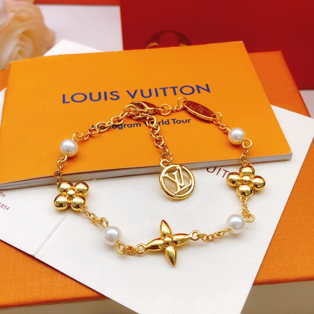 Geometric Emblem Bracelet in Gold-Tone – Pearl Detail – Design 002 front product view