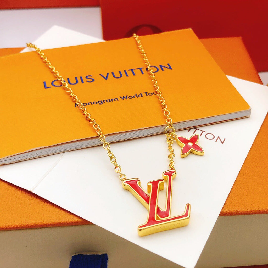 Geometric Emblem Pendant Necklace in Gold-Tone – Red Detail main product view