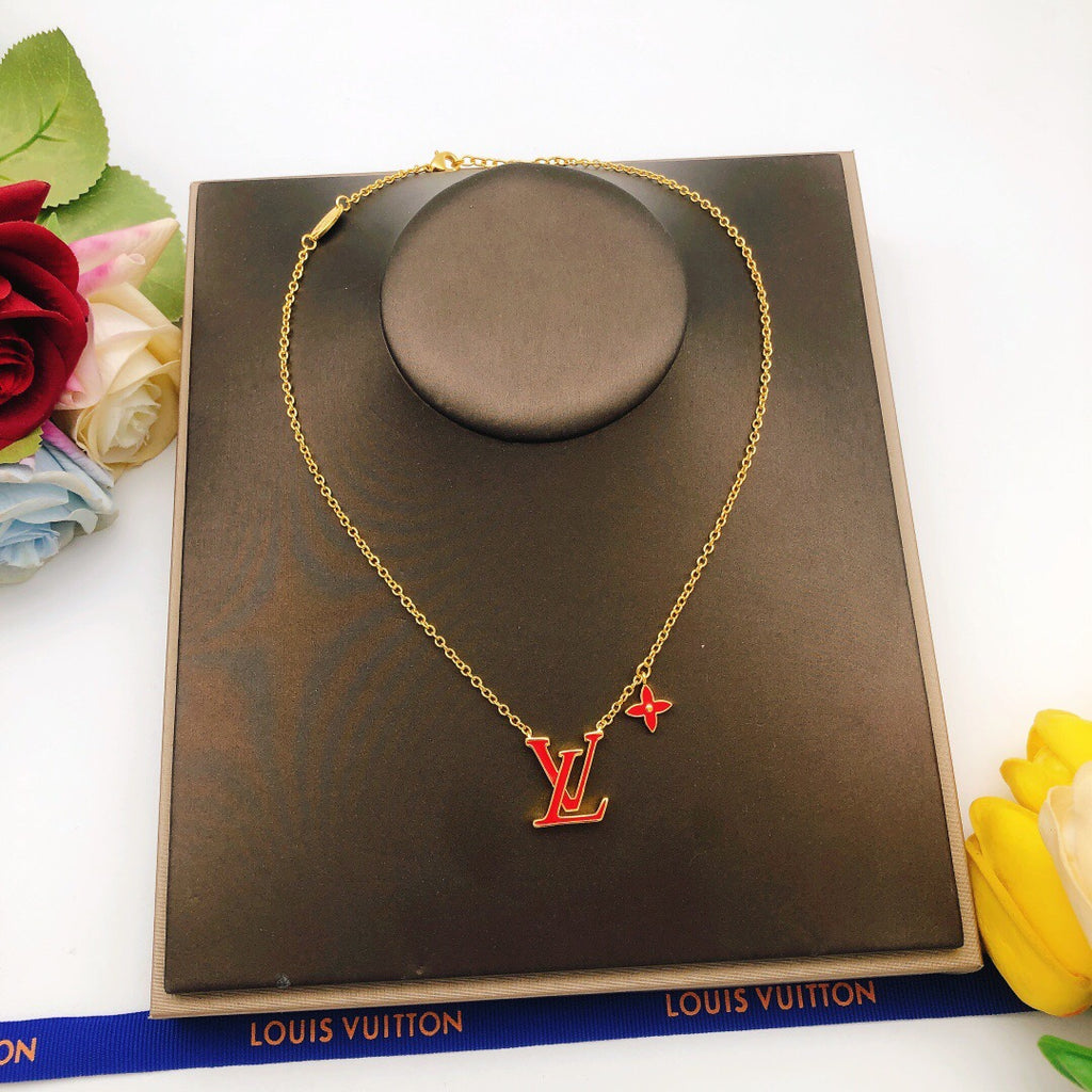 Geometric Emblem Pendant Necklace in Gold-Tone – Red Detail main product view