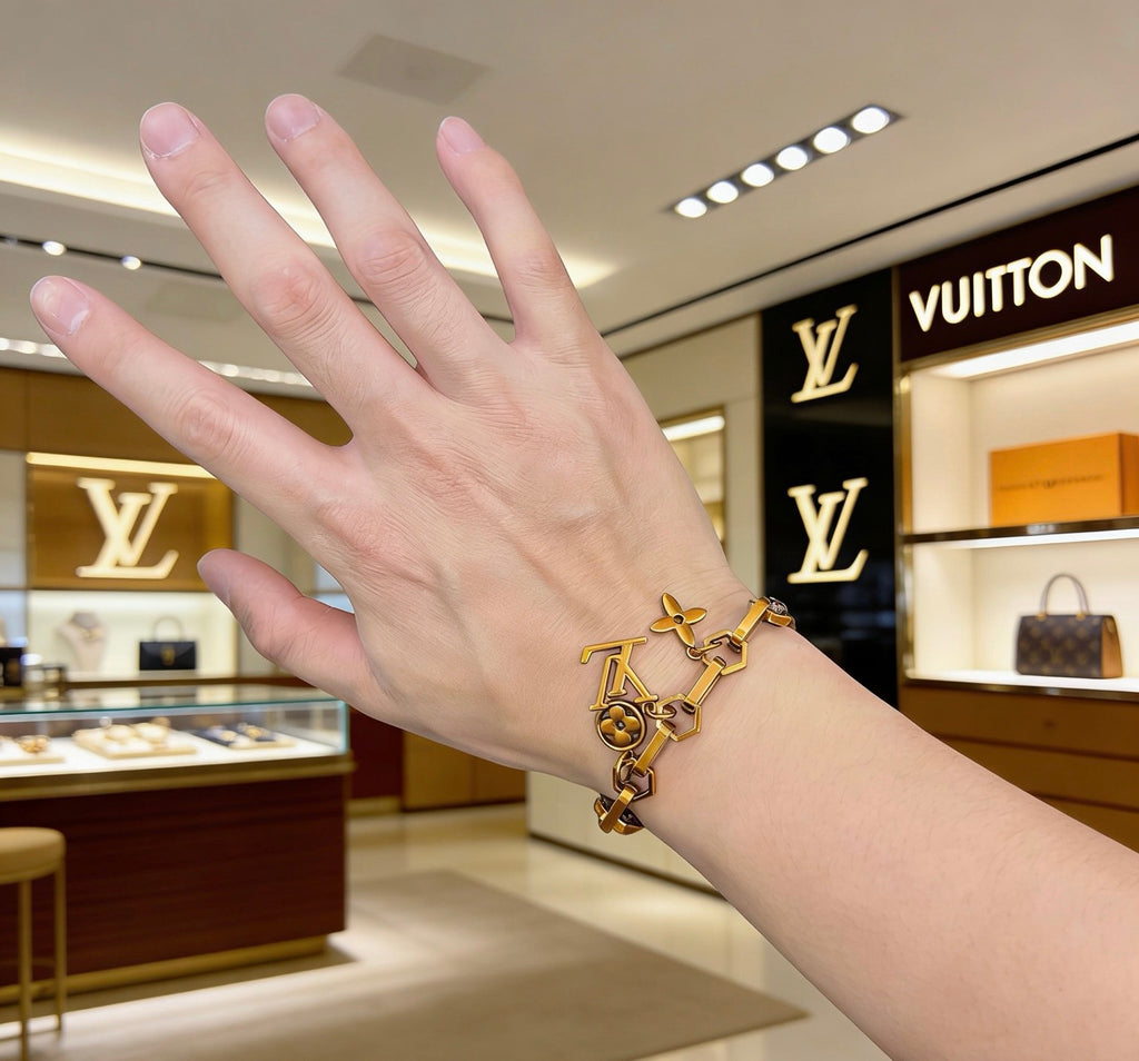Geometric Emblem Leather-Detail Bracelet – Leather Detail – Design 004 front product view