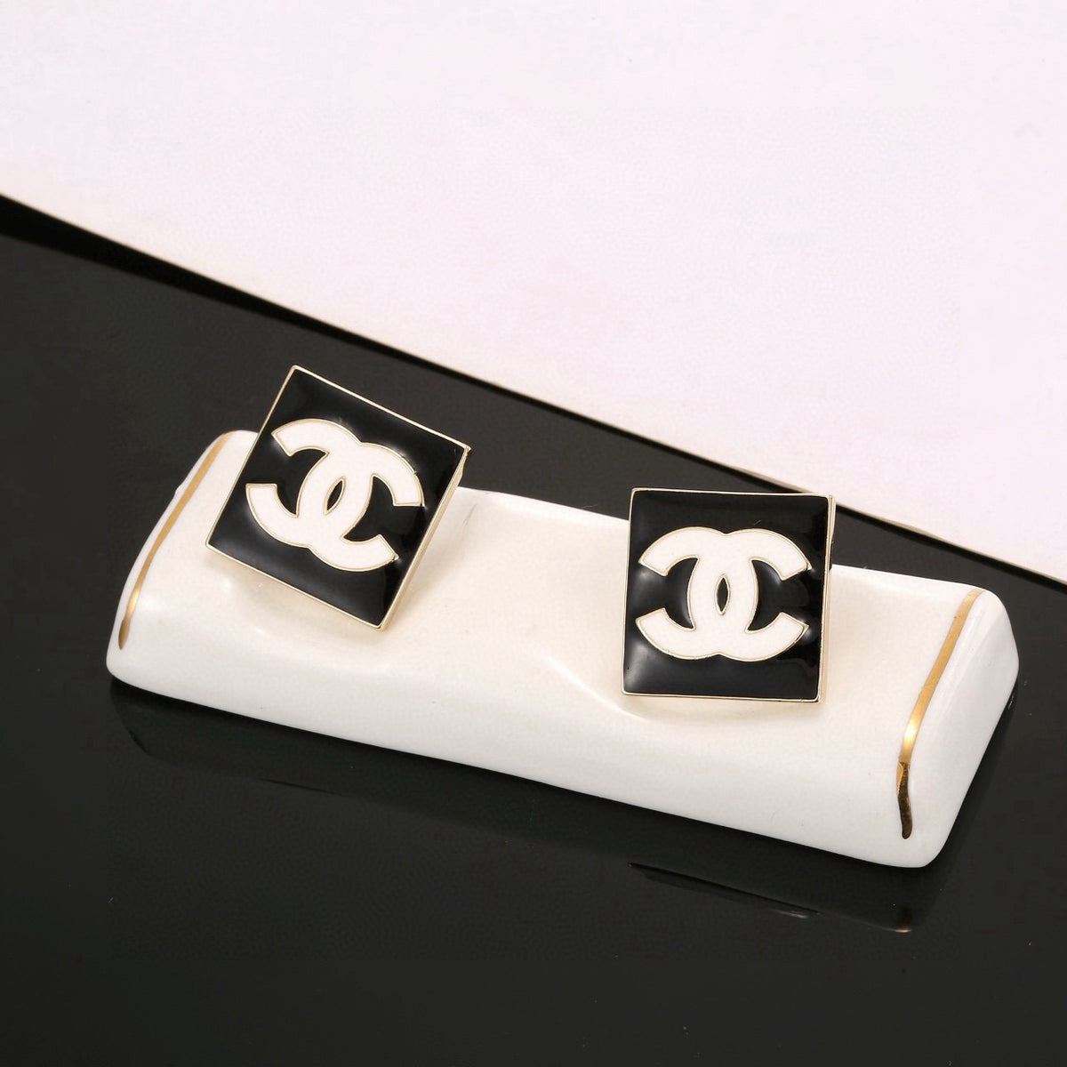 Double-C Emblem Stud Earrings in Gold-Tone – Design 003 detail view
